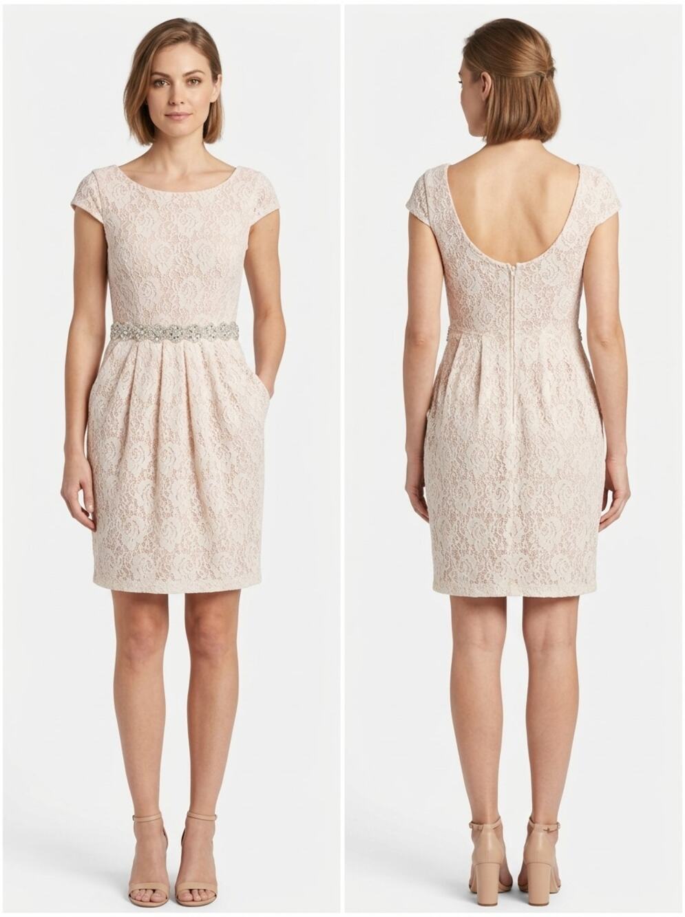 City Triangles Blush Floral Lace Beaded Waist Scoop Back Dress Women Size 2